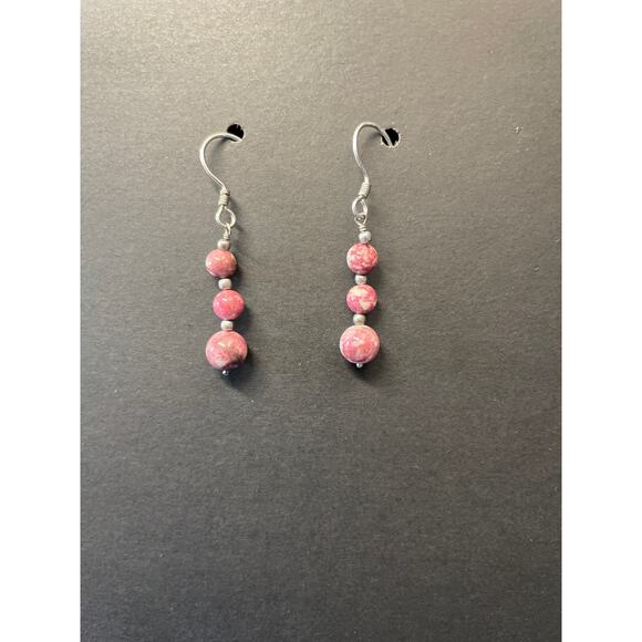 Thulite Three Round Bead Dangle Wire Earrings - Picture 2 of 2